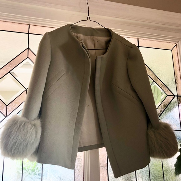 60s mod two piece dress suit - mint green with vintage fox fur cuffs - Picture 3 of 5